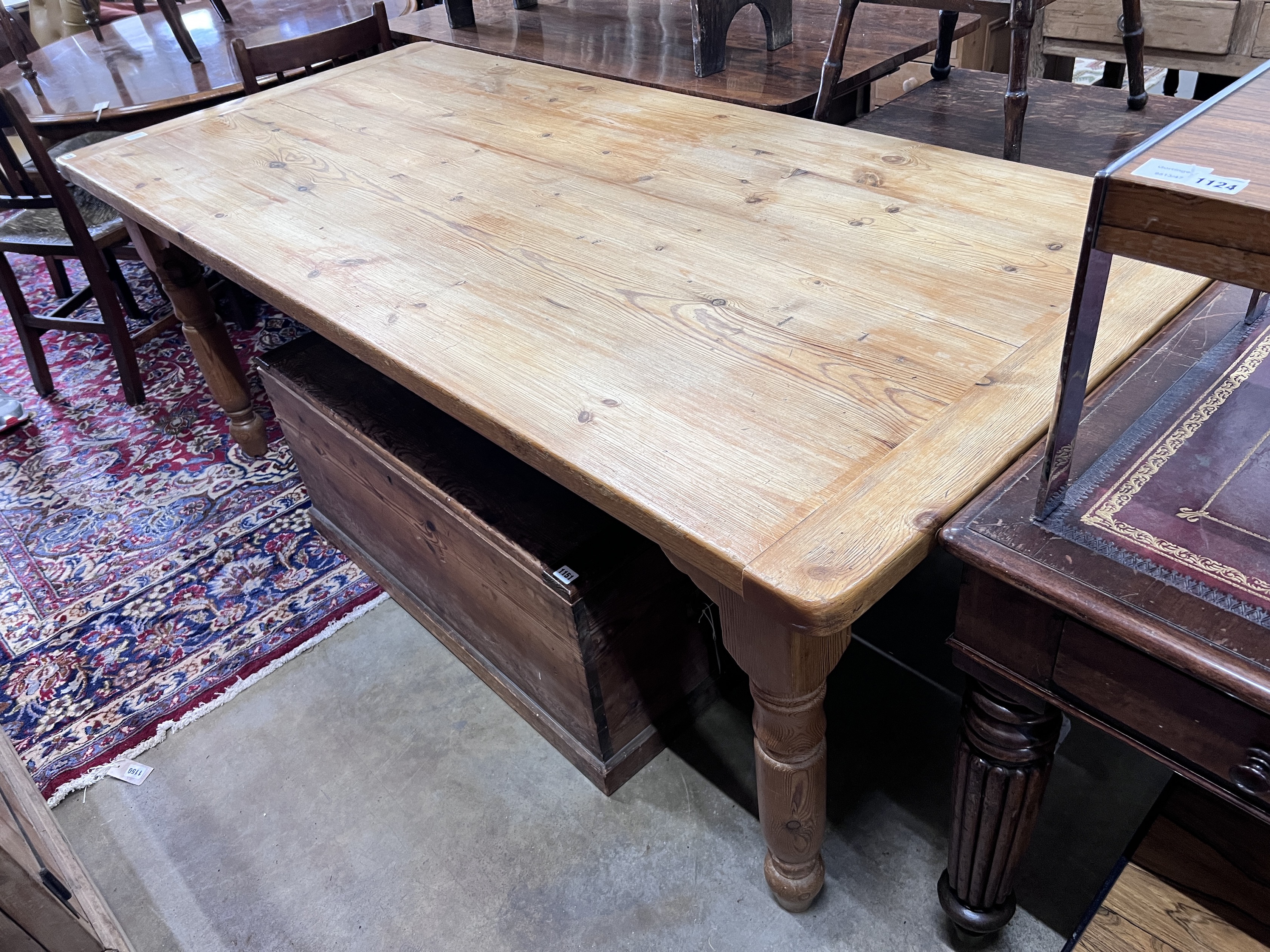 A Victorian style rectangular pine kitchen table, width 197cm, depth 90cm, height 75cm